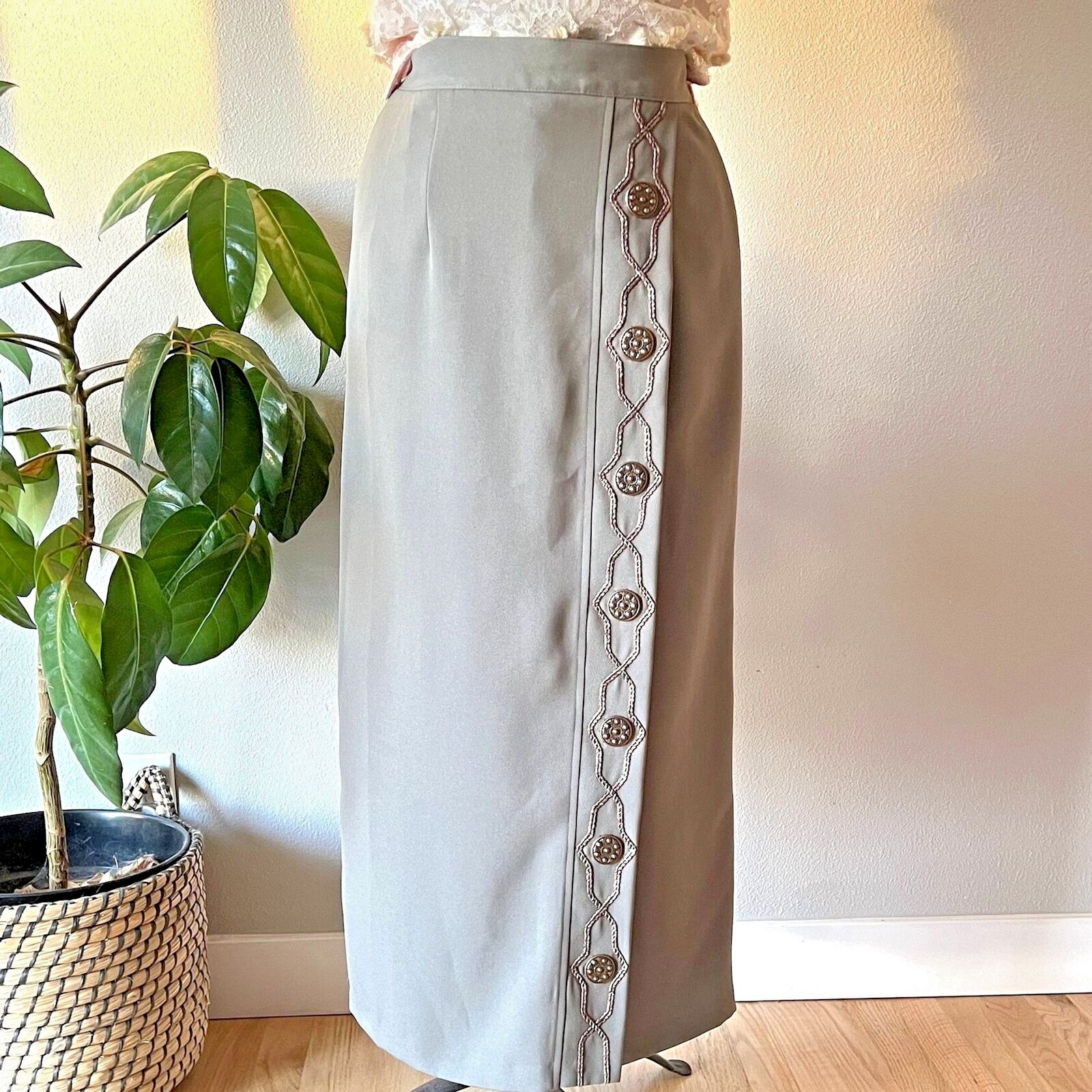 Vtg 90s Y2k New Frontier Southwest Maxi Skirt Green Boho Retro Faux Wrap Small